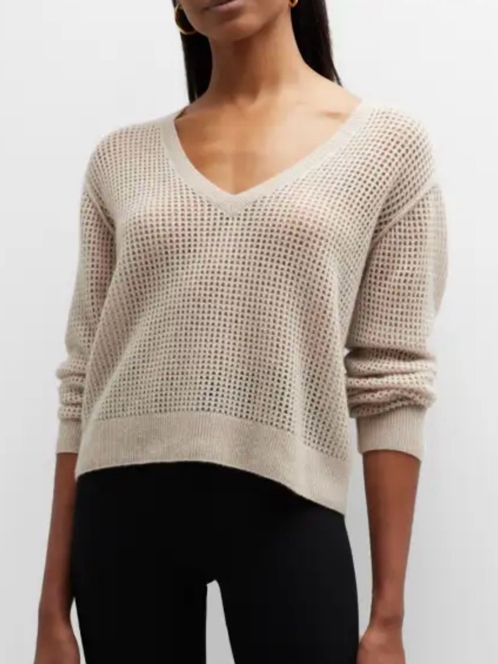 ATM Cashmere Open-Knit V-Neck Sweater in Beach Pebble Light Beige Womens Medium